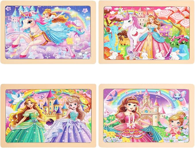 Wooden Puzzles Toys for Kids Ages 3-5, Set of 4 Packs with 24-Piece Unicorn Mermaid Princess Wood Jigsaw Puzzles, Preschool Educational Brain Teaser Toys for Girls 3 4 5 6 Years Old.