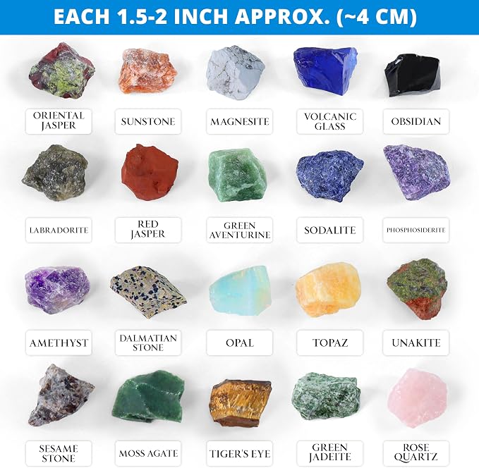 PIBEX Rock Collection Jumbo Kit, 20 Large Raw Rocks & Minerals | Approx. 1.5-2 inch Stone, Collector Box with Name Labels, Magnifier, Game Cards, Learning Book, Geology Gift for Kids Ages 6+
