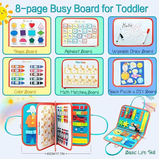 Montessori Busy Board Sensory Toddler Activity Book (Green) | Toddla Learning Quiet Book for Boys & Girls Ages 1-3, Ideal Birthday & Christmas Gift for 1+ Year Old
