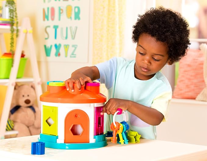 Battat Color Sorting Toy with Keys and Storage, Toddler, 14-Piece Set | Take-along shape sorting house with 12 different shapes, color-coded keys, carry handle, and storage inside, 2+ Years