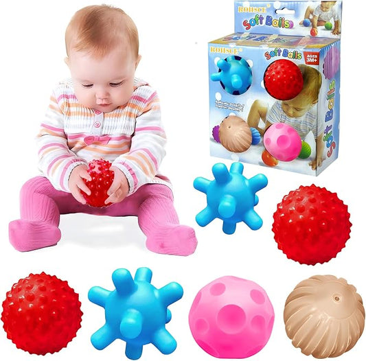 Baby Sensory Balls, 4 Pack Textured Toys for Babies 3 Months+ | Bright Colors, Raised Bumps, Easy to Squeeze, Roll and Grab, Teething Play, Tummy Time & Fine Motor Play, Infant Gift