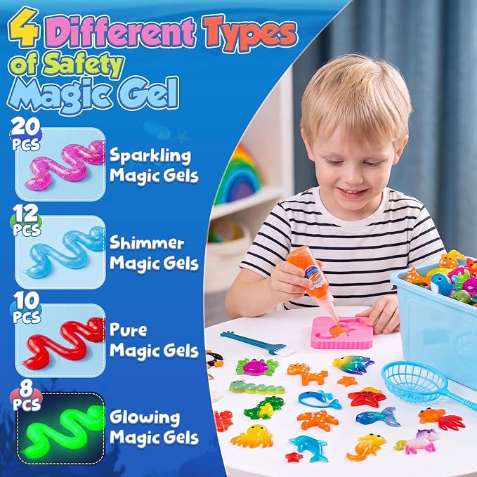 Nisuez Magic Water Elf Toy Kit - 50 Magic Gels (4 Type) & 20 Colorful Molds | DIY Squishy Making Kits Sensory Toys for Kids Color Shape Recognition & Fun Early Learning, 2 Display Bottles & Storage Bins