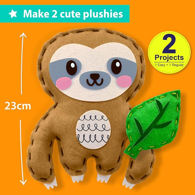 KRAFUN Beginner Sewing Kit, Sew Sloth & Leaf, Pre-Cut Felt, Kids Ages 5+ | Beginner Sewing Kit: Sew 2 Plushies, Sloth & Leaf. Pre-Cut, Pre-Punched Felt, No Scissors. Safe Plastic Needle for Kids