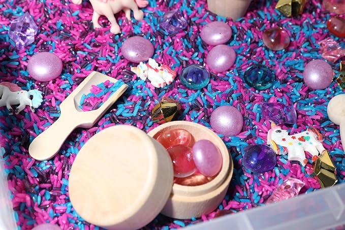 Unicorn Sensory Bin Kit for Kids | Pink, Purple & Blue Rice, Unicorn Figurines & Charms, Crystals & Wooden Tools – Includes Clear Storage Bin