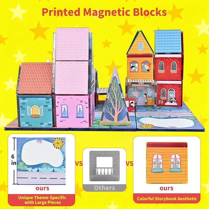 Magnetic Tiles Toy Set for Kids with 6 Large Square , Magnetic Blcok Fairytale Town Set, Magnetic Building Blocks with Road, Large Expansion STEM Building Magnet Toys for Ages 3-5 4-8 5-7 Boys Girls