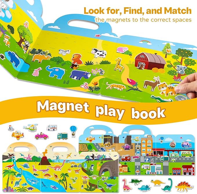 3 Pack Magnetic Reusable Sticker Book for Kids Ages 3-6, Vehicles, Farmhouse Animal, Dinosaur, 3 Hot Topics magnet Activity Book for Boys Girls Road Trip Airplane Train Travel Toy Birthday Gifts