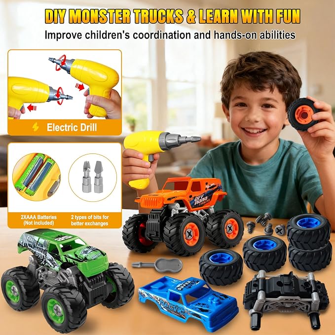 Take Apart Monster Truck Toys for 3 4 5 6 7 8 Year Old Boys, STEM Educational Building Toys with Electric Drill & Storage Box, Kids Toys Christmas Birthday Gifts for Boys Girls Toddlers