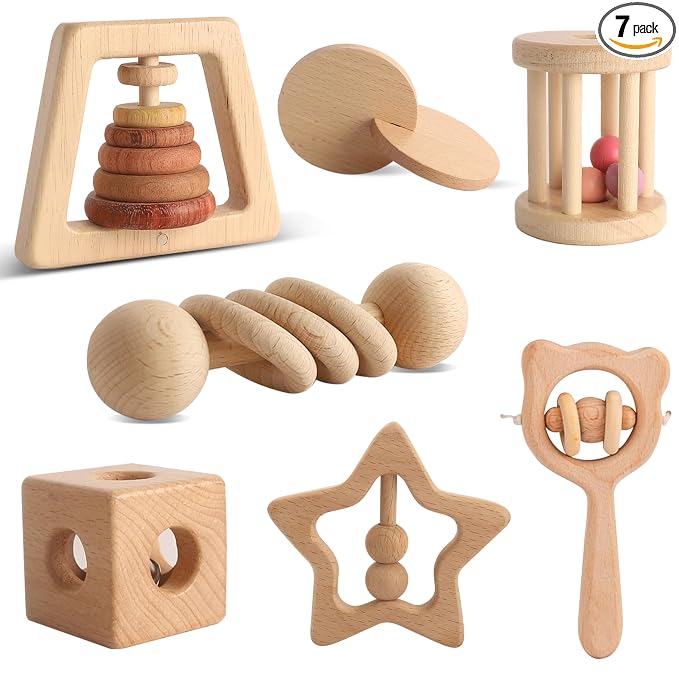 Wooden Rattles for Baby, 7PCS Wooden Montessori Toys for 7-24 Months Baby Boy Girl, Natural Beech Wood Grasping Toy, Gift for Babies