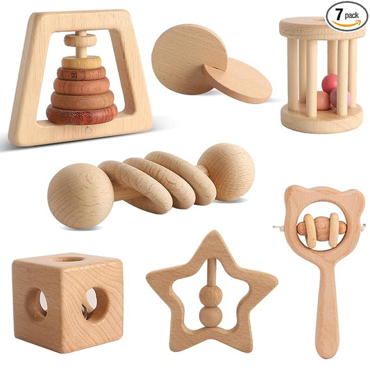 Wooden Rattles for Baby, 7PCS Wooden Montessori Toys for 7-24 Months Baby Boy Girl, Natural Beech Wood Grasping Toy, Gift for Babies