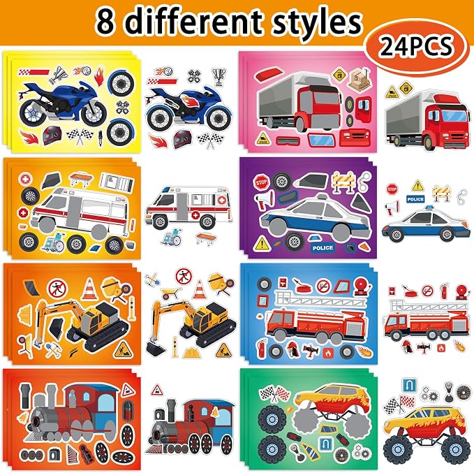 24 Sheets Make a Face Vehicle Stickers for Kids Boys Party Favors | Make Your Own Vehicle Stickers Birthday Decorations Supplies, Toddlers Crafts Activities Gifts Goodie Bags Stuffers