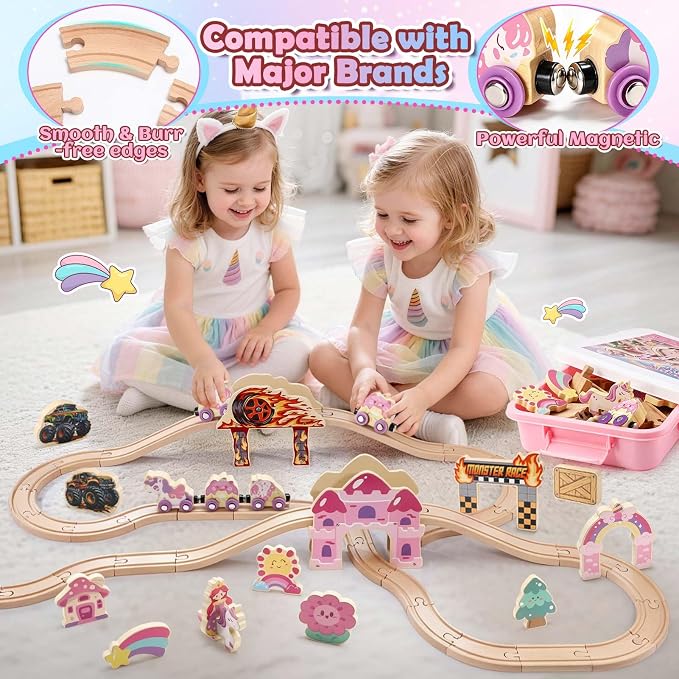 Unicorn Wooden Train Set for Girl 3-5, Birthday Gifts Toys for 2 3 4 5 6 Year Old Toddler Girls, Learning Gift Toy for Toddlers Kids Age 2-4, 32PCS Princess Castle Train Track Sets with Storage Box