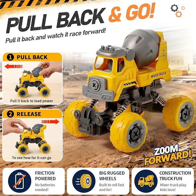 Take Apart Construction Truck Toys for Boys Age 3-8, 4 PCS STEM Building Toys with Electric Drill, Excavator Bulldozer Cement Mixer Dump Truck, Pull Back Cars Birthday Gifts for 3 4 5 6 Year Old Kids