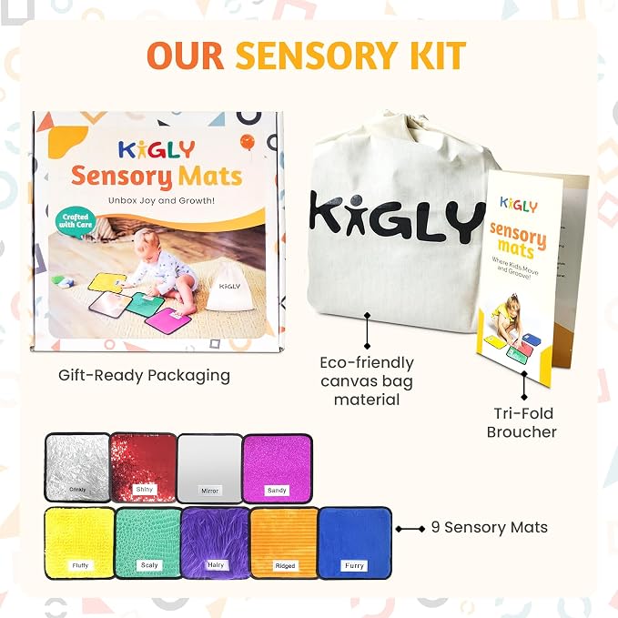 KIGLY® Labeled Sensory Mats for Kids - 9 Pack | Sensory Toys for Classroom with Activity Guide & Canvas Bag - 9x9 inches | Colorful Textured Mats for Autistic Children & Toddlers Learning