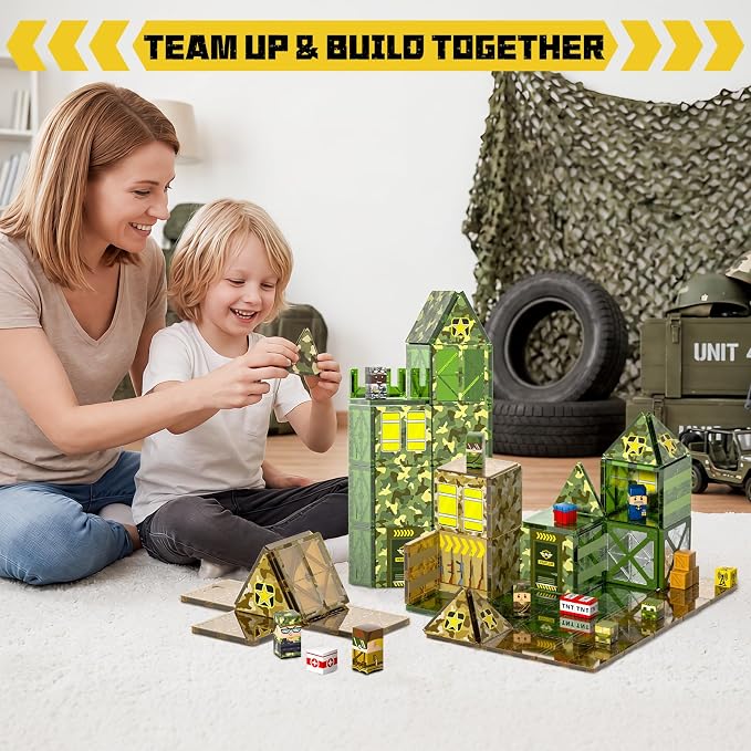 Bmag 109 PCS Military Magnetic Tiles Set, Army STEM Building Toys, Camo Printed Construction Blocks, Educational Play Gifts for Boys Girls Ages 3-12