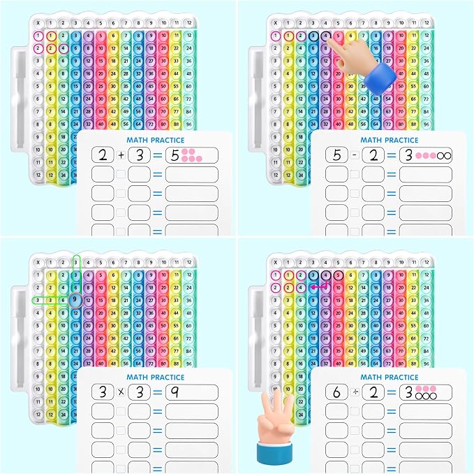 e4 Pop Multiplication Table Game Learning Toy Educational Math Game with Marker, Rainbow Colors Math Multiplication pop 12x12 boardmultiplication Flash Cards 3rd Grade Addition Stress Toy