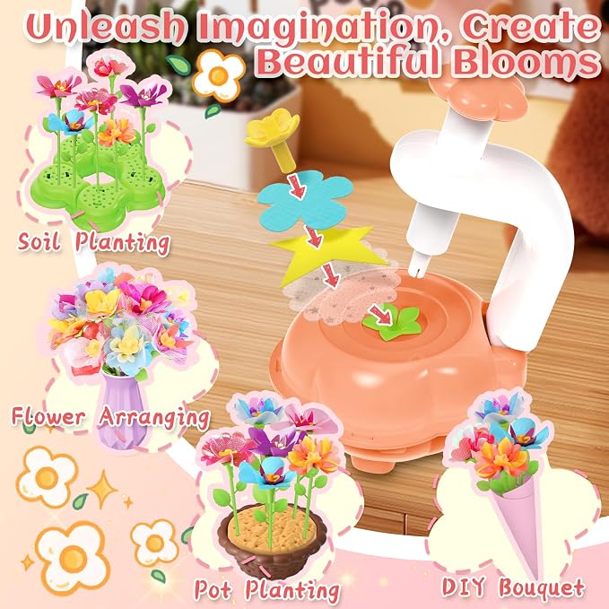 Kufanda 222 Pcs DIY Flower Bouquet Making Kit for Kids Ages 4-8 — Fabric Flower Craft Set with Embossing Machine, Screen-Free STEM Educational Gift Toy for Girls, Granddaughter Birthday Christmas