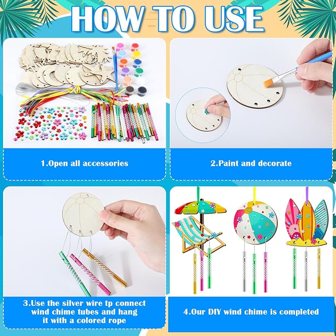 JellyArch 30 Pack Summer Beach Wind Chime Crafts Kit for Kids Activities | 10 Watermelon Coconut Starfish Designs with Paints, DIY Wooden Ornaments, Boys Girls Ages 4-8 Outdoor Party Favors