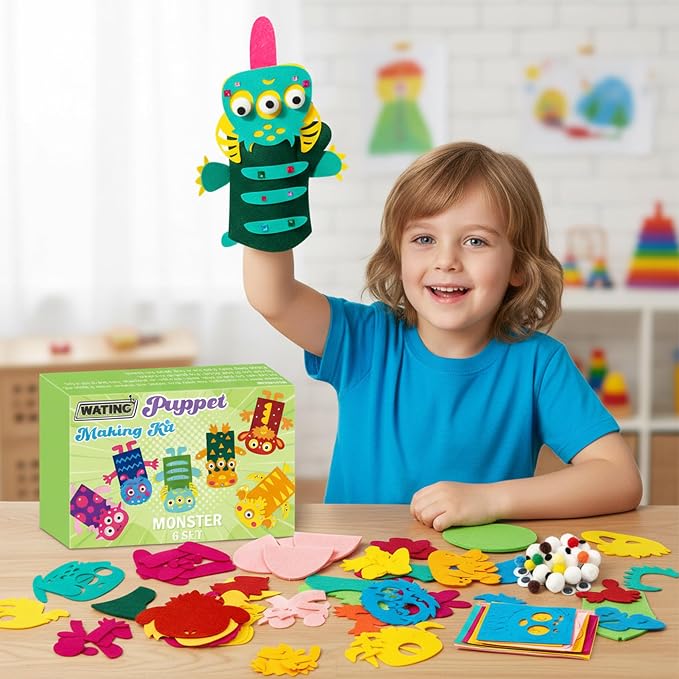 WATINC Hand Puppet Making Kit, Felt Sock Puppet Toys for Kids (Monster A) | 6 Styles, Make Your Own Storytelling & Role Play Crafts, Creative Group Activity, Party Favors & Gifts for Kids Ages 4-8