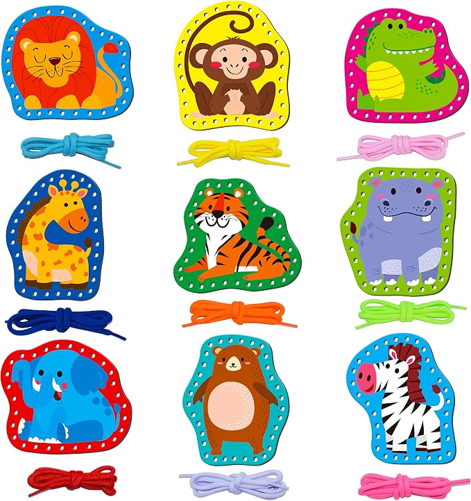 SpriteGru 9 Pieces Kids Lacing Cards, Double Sided Sewing Cards in 9 Wild Animals with 9 Colorful Laces, Imagination Development Lacing Toys Games for Children Educational and Learning Activity