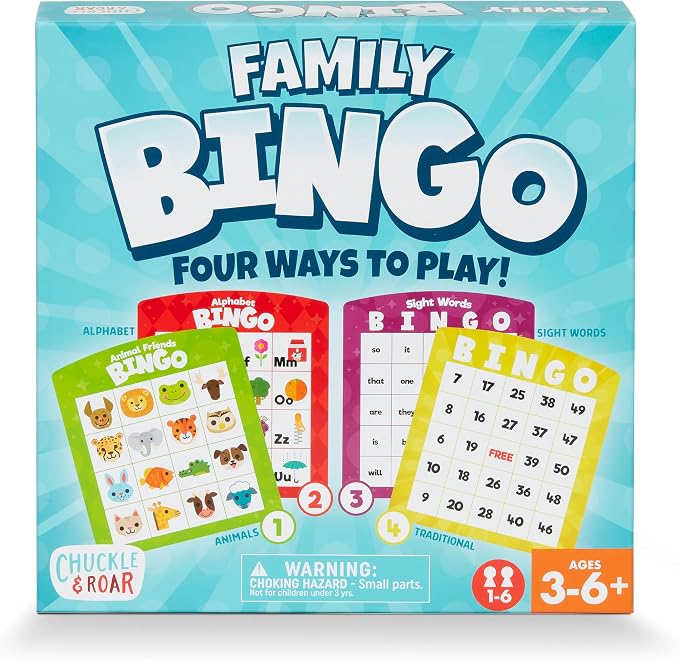 Chuckle & Roar Family Bingo Game, Bingo Game for Kids, Sight Words, Ages 4+ | 4 Ways to Play, Animal Mode No Reading Required, Reading Games, Uppercase & Lowercase Match, Cleanup Bags