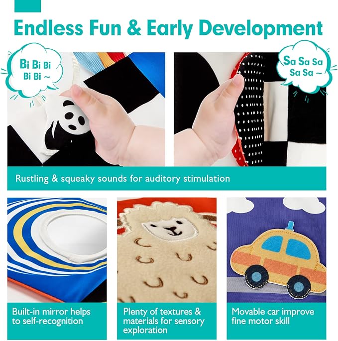 hahaland Baby Books Double-Sided High Contrast Newborn Toys | Baby Tummy Time Books 0-6 Months with Crinkle, Squeaky Sounds, Touch Feel, Visual Stimulation