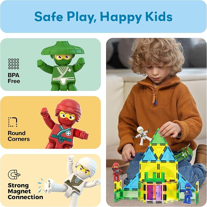 PicassoTiles Ninja Action Characters for Magnetic Tiles Building Block Toy Sets Accessory Add On Kit for Magnet Tile Playsets for Toddlers Boys Girls Ages 3+ Pretend Play STEM Educational Toys PTA14