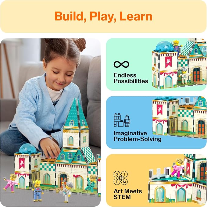 PicassoTiles 70pc Middle Age Medieval and Castle Theme Tile 2in1 8 Character Action Figures Magnet Tiles Building Block Pretend Magnetic Play Fine Motor Skill STEM Educational Construction Age3+ PTQ01