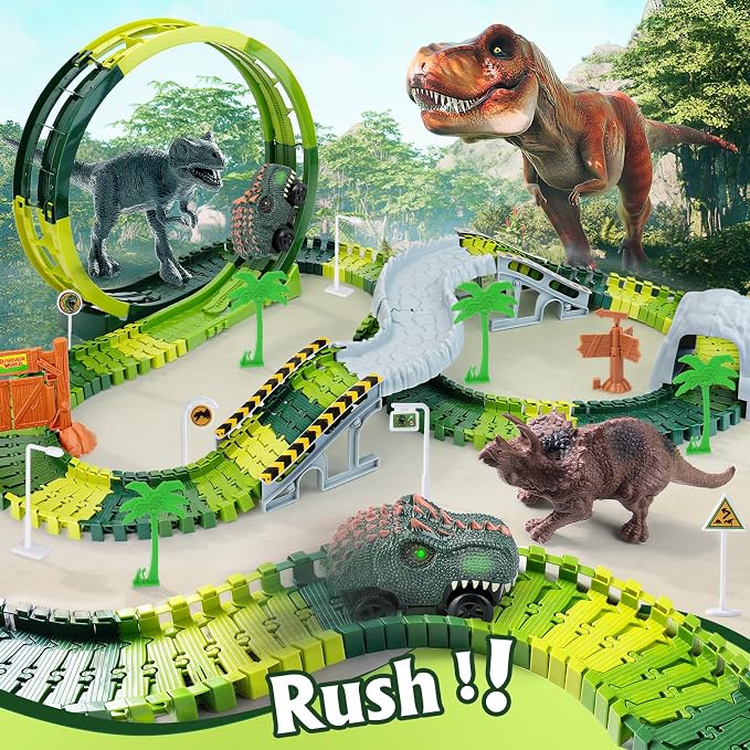 Coroiesty 173 PCS Dinosaur Race Tracks for Kids Toys with 360° Loop Ramp | Glow in The Dark Magic Toy Set, 1 Dino Car Track, 2 Realistic Dinosaurs, Flexible DIY Track Set, Gift for Boys Girls Age 3-9