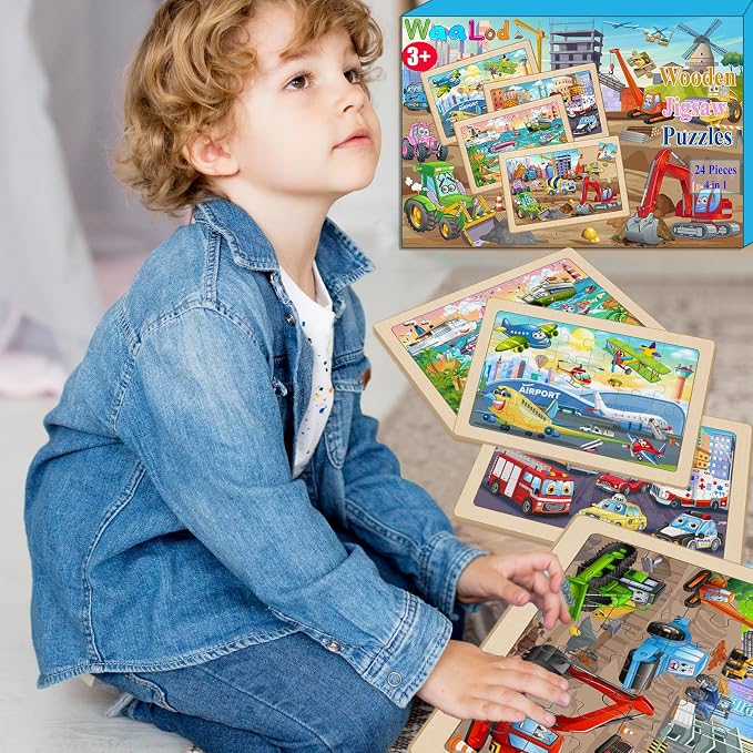 Wooden Puzzles for Kids Ages 4-6, 4 Pack 24 Pcs Toddler Puzzles Set for Ages 3-5, Educational Learning Toys Gift for Boys Girls 3-8 (City Traffic, Airport, Construction, Ocean Cruise)