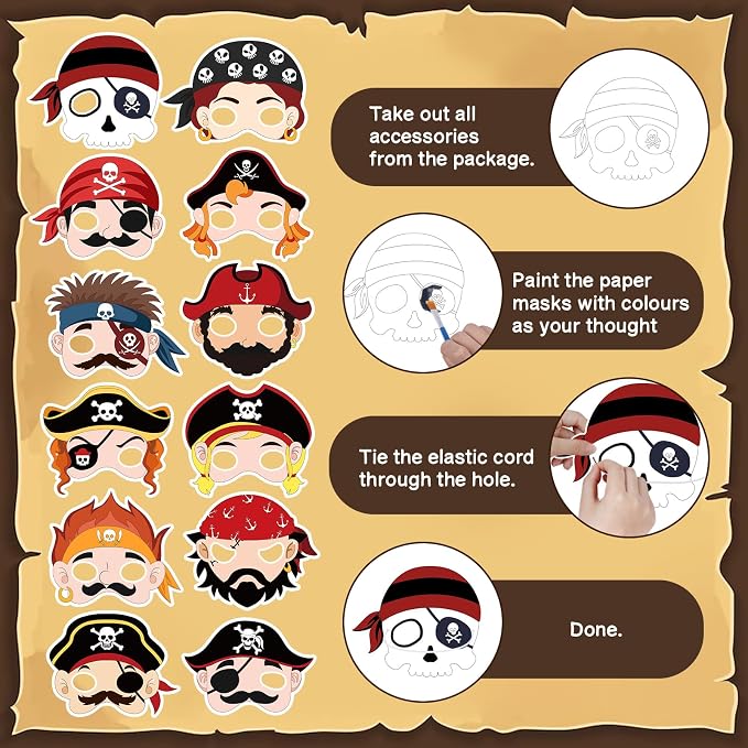 24 Pcs Pirate Crafts for Kids Classroom Color Your Own Pirate Masks | DIY Coloring Art and Craft for Kids Pirate Theme Birthday Party Summer School Craft Project Costume Cosplay Dress Up Activity