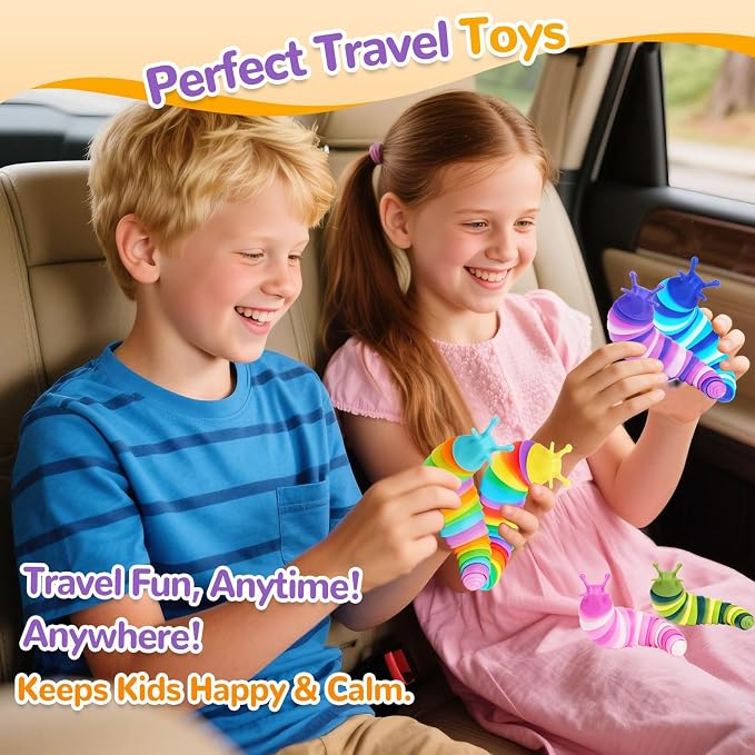 Kabvy 6 Pack Sensory Slug Fidget Toys, Stress Relief Toys for Kids 3+ | Slug caterpillar sensory fidget toys, autism & ADHD anxiety relief, travel play, classroom prizes, party favors, ages 3+