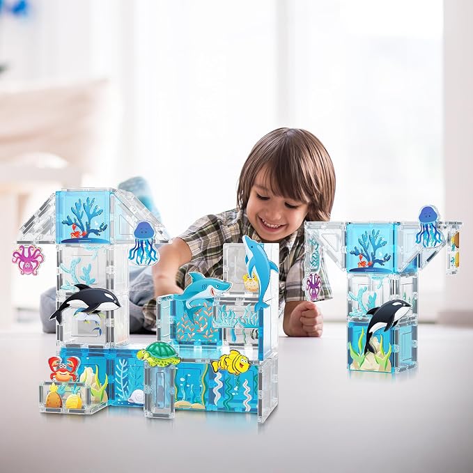 PicassoTiles 52 PCS Magnetic Tiles Ocean Animal STEM Set 8 Figures Ages 3+ | 44 blocks, 22 aquatic prints, BPA-free & non-toxic plastic, strong hold, roleplay, sensory discovery, motor skills