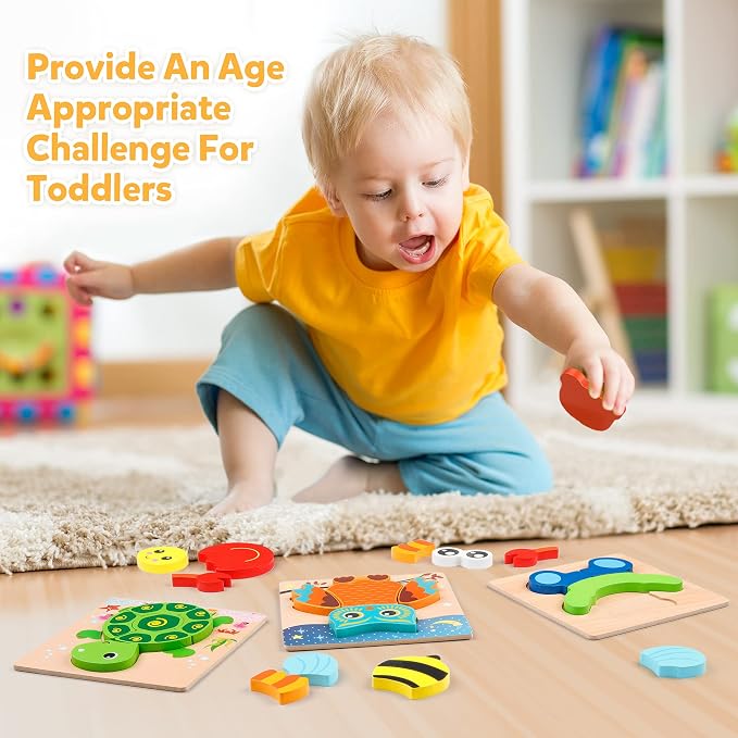 Coogam Wooden Jigsaw Puzzle Set, 6 Pack Animal Shape Color Montessori Toy, Fine Motor Skill Early Learning Preschool Educational Gift Game for Years Old Kids