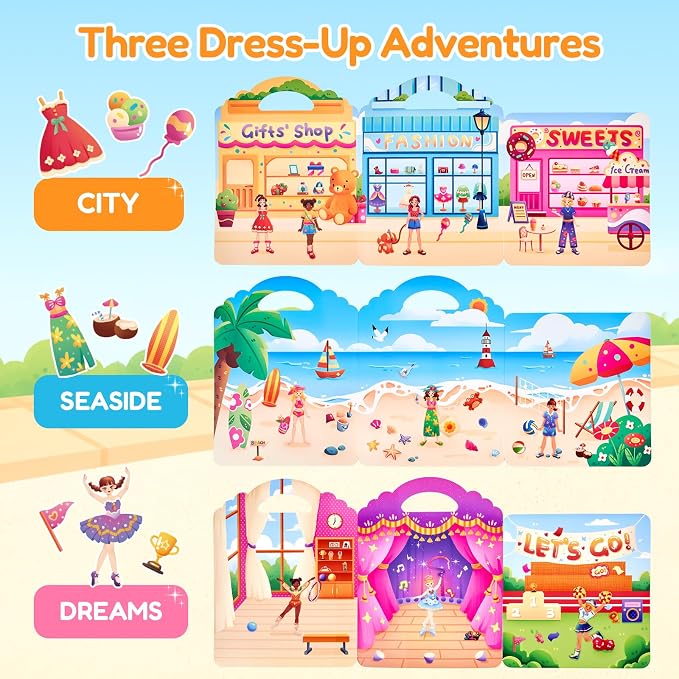 JoyCat Reusable Dress Up Sticker Books, 3-Pack, City Seaside Dreams | 180+ washable stickers, kids car activities, toddler activity, preschool road trip toy, birthday gift for girls ages 3-5