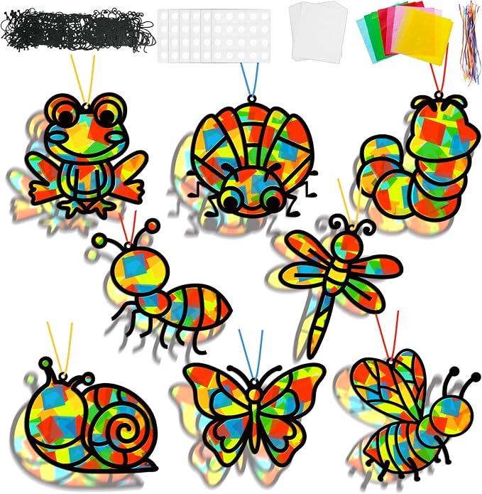 Lonfliness 32 Sets Spring Bug Suncatchers Craft Kit DIY Insect Window Stained Glass Effect Paper Butterfly Bee Home School Classroom Decoration Summer Art Creative Activity Project Gift Favor