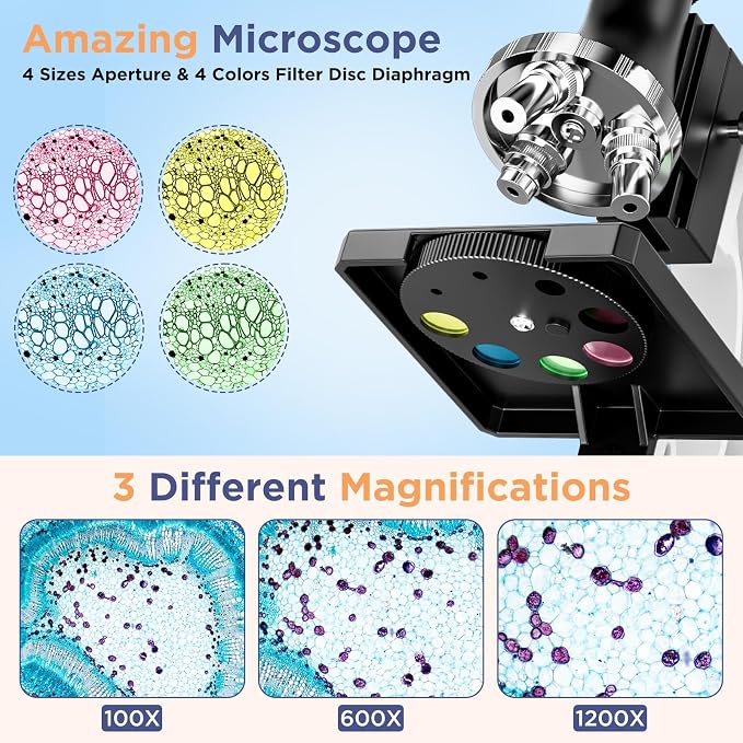 100X-1200X Kids Microscope Kit for Children: Compound Microscope for Kid | STEM Biology Discovery Science Experiments Microscopio Set with Metal Frame, Carrying Box Educational Gift for Child 8-12