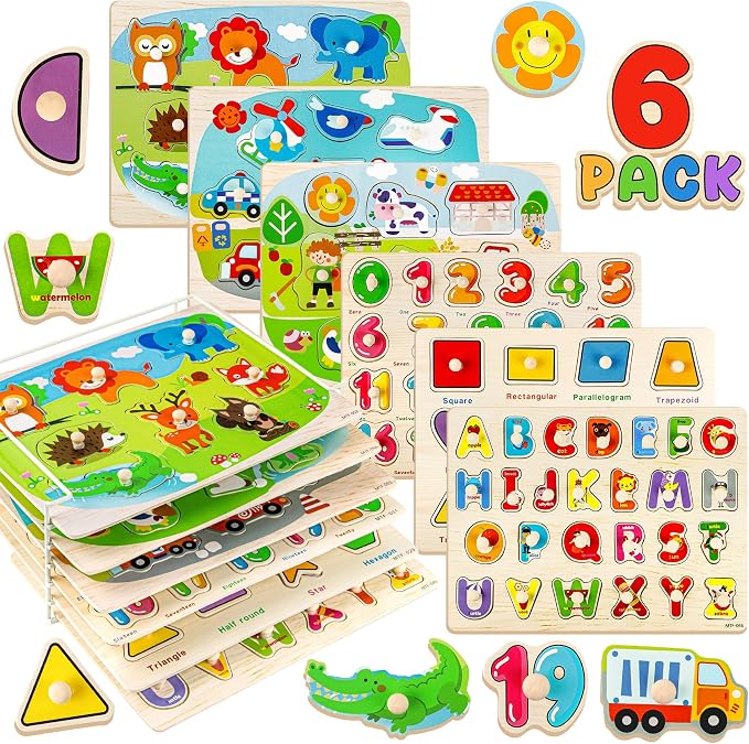 Attmu Alphabet Wooden Puzzles for Toddlers 6 Pcs ABC Shape Number Puzzle | Learning Toys for Kids Animal Farm Puzzle Preschool Educational Activities Toddler Gift Toys for Girls Boys Christmas Easter