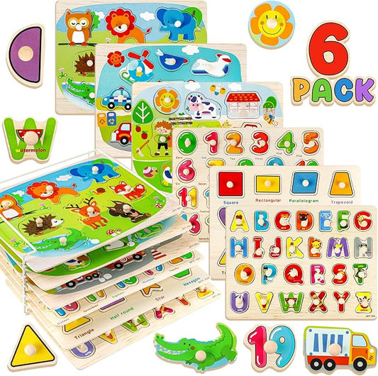 Attmu Alphabet Wooden Puzzles for Toddlers 6 Pcs ABC Shape Number Puzzle | Learning Toys for Kids Animal Farm Puzzle Preschool Educational Activities Toddler Gift Toys for Girls Boys Christmas Easter