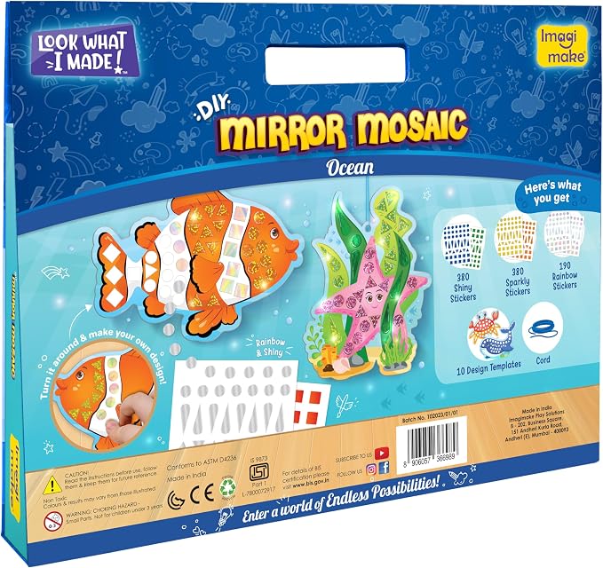 Imagimake Mirror Mosaic - Ocean, 10 Templates, 950+ Stickers | Mess-Free Craft Activity, Screen-Free Creative Art Kit for Kids, Birthday Gift for Boys & Girls Ages 3,4,5,6,7 Years Old