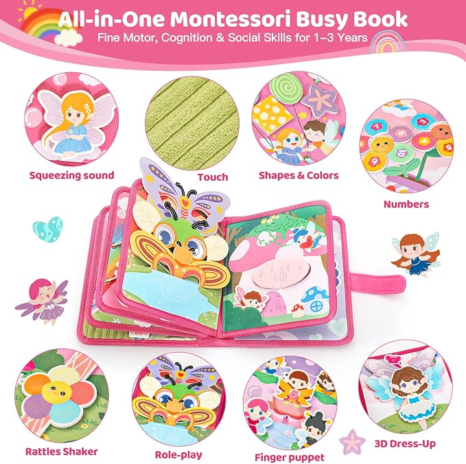 22 in 1 Busy Book for Toddlers 1-3, Sprite Montessori Toys for 1 Year Old with Fishing Game, Soft Sensory Toddler Busy Board, Airplane Travel Toys, Birthday Gifts for 1 2 Year 18 month Old Girl
