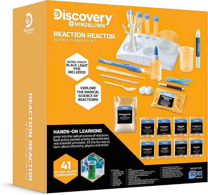Discovery™ Reaction Lab Chemistry Set – 41 STEM Experiments for Kids| Includes Black Light Pen, Crystal Growing, Slime, Goo| Educational Learning Toy| Science Activity Kit| Boys & Girls Gift| Age 8+