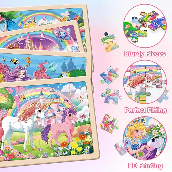 Puzzles for Kids Ages 4-6, 4x24 PCs Unicorn Princess Mermaid Wooden Puzzles | Unicorn Puzzles for Toddlers & Kids Ages 3-5, Preschool Educational Puzzles Toys, Birthday Gifts Set for Girls