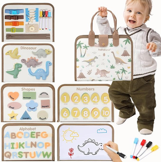 hahaland Montessori Busy Board for Toddlers Boy Travel Toys, Dinosaur | Toddler Portable Busy Book with Drawing, Alphabet, Number, Shape, Life Skills, Fine Motor Skill Toy, Birthday Gifts