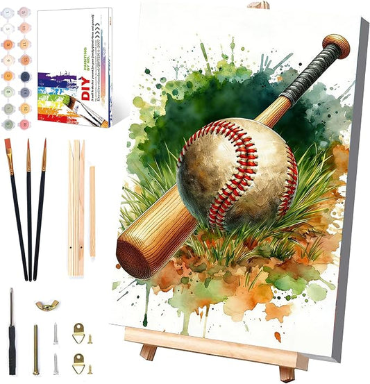 Baseball Paint by Numbers Kit for Kids with Framed Canvas - Wooden Easel | Ball Sports Paint by Numbers for Kids Ages 8-12, Acrylic Oil Painting Kits with Nice Gift Box for Wall Decor (12x8 inch)