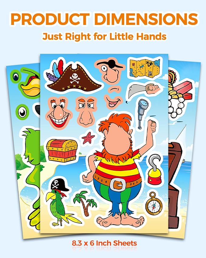 Aowplc 32 Make Your Own Pirate Sticker Sheets for Kids | Pirate Party Favors, Birthday Decorations & Mix 'n Match Crafts