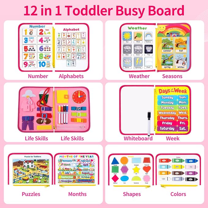 Toddler Busy Board, Montessori Busy Book, Quiet Educational Activity Book | 12-Page Learning Sensory Toys for Motor Skills, Toddlers Travel Toy for Car Airplane, Girl Kids Birthday Gifts (Pink)