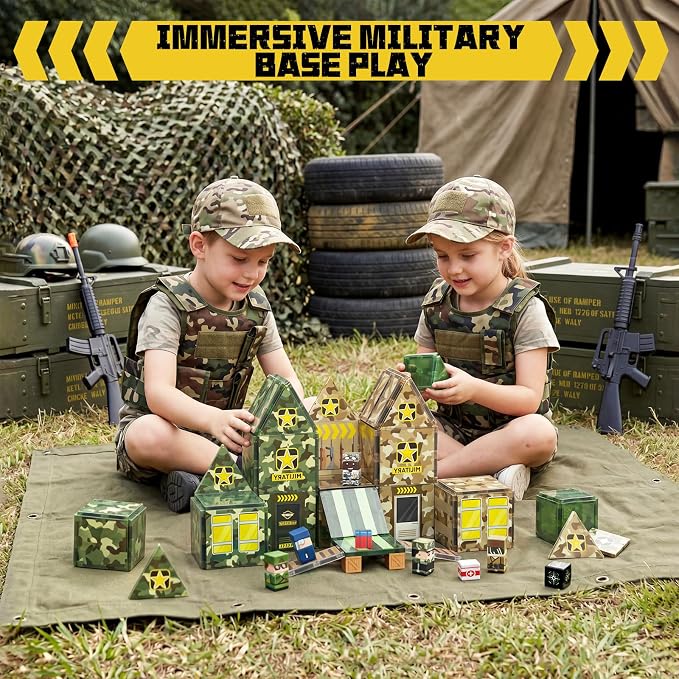 Bmag 109 PCS Military Magnetic Tiles Set, Army STEM Building Toys, Camo Printed Construction Blocks, Educational Play Gifts for Boys Girls Ages 3-12