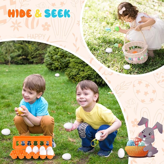 Matching Egg Toy 12 Pcs Develops Toddlers' Color & Shape Recognition Skills | Easter Basket Gift for Boys & Girls, Montessori Travel Toy for Kids 1-3, Fun Sorting Puzzle for Daily Early Education