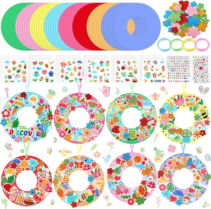 Hollowfly 48 Sets Spring Wreath Craft Kits, 8 Designs | Flower, Bee, Butterfly and Tulip Stickers, 5.9 in Cardboard Wreaths for Group Activities and Party Favors
