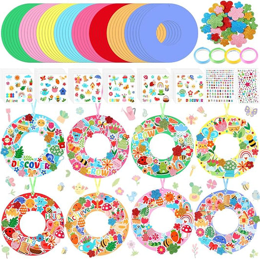 Hollowfly 48 Sets Spring Wreath Craft Kits, 8 Designs | Flower, Bee, Butterfly and Tulip Stickers, 5.9 in Cardboard Wreaths for Group Activities and Party Favors